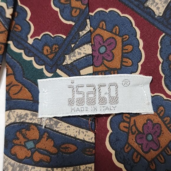 JSACO Mens Silk Neck Tie Teal Burgundy Red Beige Made in Italy 3.5" x 57.5" - Picture 3 of 4